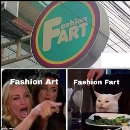 FASHION FART! | image tagged in memes,woman yelling at cat,fart,stupid signs,fail | made w/ Imgflip meme maker