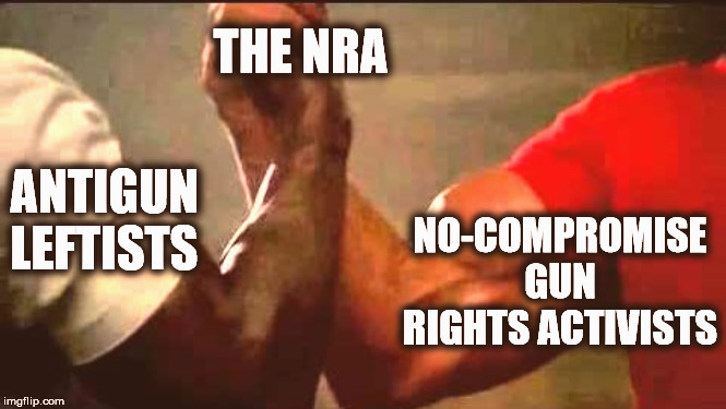Why can't we be friends?? | THE NRA; NO-COMPROMISE GUN RIGHTS ACTIVISTS; ANTIGUN LEFTISTS | image tagged in epic handshake,nra,leftists,2a,gun rights | made w/ Imgflip meme maker