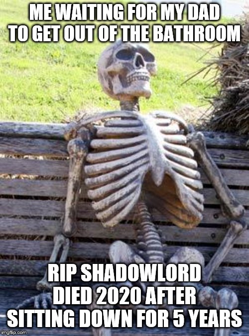 Waiting Skeleton | ME WAITING FOR MY DAD TO GET OUT OF THE BATHROOM; RIP SHADOWLORD DIED 2020 AFTER SITTING DOWN FOR 5 YEARS | image tagged in memes,waiting skeleton | made w/ Imgflip meme maker
