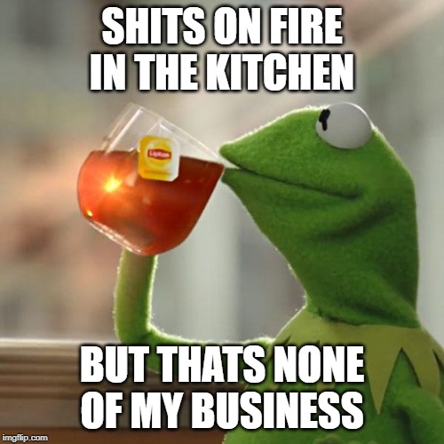 But That's None Of My Business Meme | SHITS ON FIRE IN THE KITCHEN; BUT THATS NONE OF MY BUSINESS | image tagged in memes,but thats none of my business,kermit the frog | made w/ Imgflip meme maker