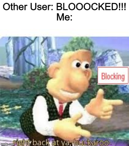 Never though I'd use it before, but now I did. | Other User: BLOOOCKED!!!
Me: | image tagged in right back at ya buckaroo,blocked,deal with it | made w/ Imgflip meme maker