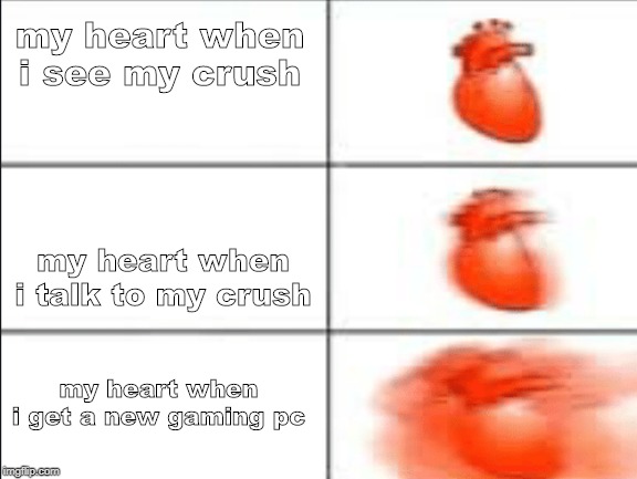 my heart | my heart when i see my crush; my heart when i talk to my crush; my heart when i get a new gaming pc | image tagged in true | made w/ Imgflip meme maker