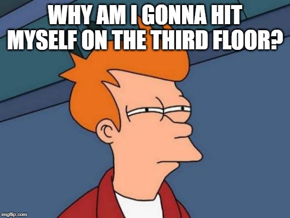 Futurama Fry Meme | WHY AM I GONNA HIT MYSELF ON THE THIRD FLOOR? | image tagged in memes,futurama fry | made w/ Imgflip meme maker