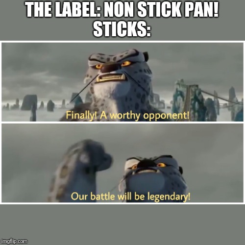 Our Battle Will Be Legendary | THE LABEL: NON STICK PAN!
STICKS: | image tagged in our battle will be legendary | made w/ Imgflip meme maker