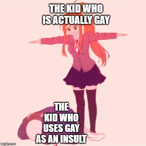 Monika t-posing on Sans | THE KID WHO IS ACTUALLY GAY; THE KID WHO USES GAY AS AN INSULT | image tagged in monika t-posing on sans | made w/ Imgflip meme maker