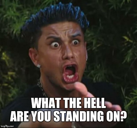 DJ Pauly D Meme | WHAT THE HELL ARE YOU STANDING ON? | image tagged in memes,dj pauly d | made w/ Imgflip meme maker