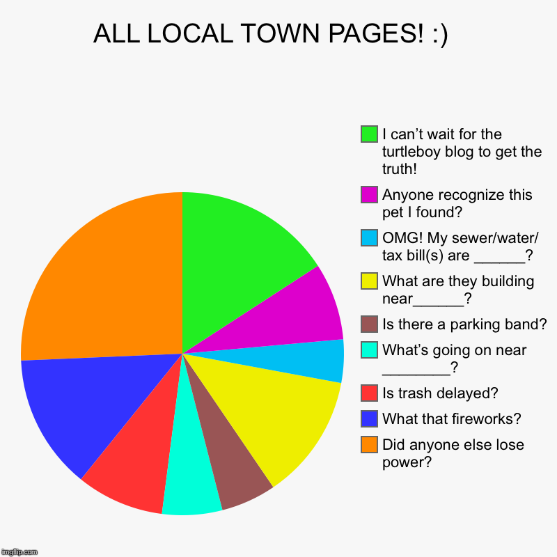 ALL LOCAL TOWN PAGES! :)  | Did anyone else lose power? , What that fireworks? , Is trash delayed? , What’s going on near ________? , Is the | image tagged in charts,pie charts | made w/ Imgflip chart maker