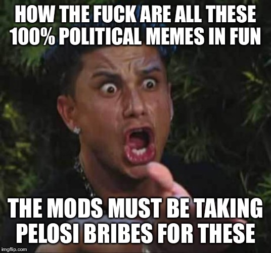 Jersey shore  | HOW THE F**K ARE ALL THESE 100% POLITICAL MEMES IN FUN THE MODS MUST BE TAKING PELOSI BRIBES FOR THESE | image tagged in jersey shore | made w/ Imgflip meme maker