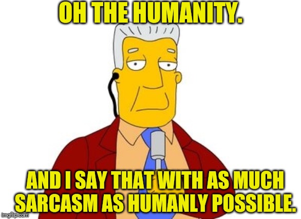 News report | OH THE HUMANITY. AND I SAY THAT WITH AS MUCH SARCASM AS HUMANLY POSSIBLE. | image tagged in news report | made w/ Imgflip meme maker