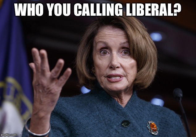 Good old Nancy Pelosi | WHO YOU CALLING LIBERAL? | image tagged in good old nancy pelosi | made w/ Imgflip meme maker