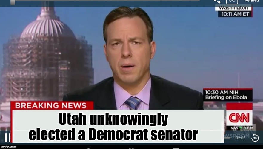 Breaking News | Utah unknowingly elected a Democrat senator | image tagged in cnn breaking news template,mitt romney,democrat | made w/ Imgflip meme maker