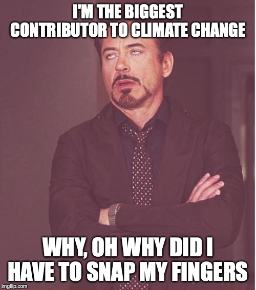 Face You Make Robert Downey Jr | I'M THE BIGGEST CONTRIBUTOR TO CLIMATE CHANGE; WHY, OH WHY DID I HAVE TO SNAP MY FINGERS | image tagged in memes,face you make robert downey jr | made w/ Imgflip meme maker
