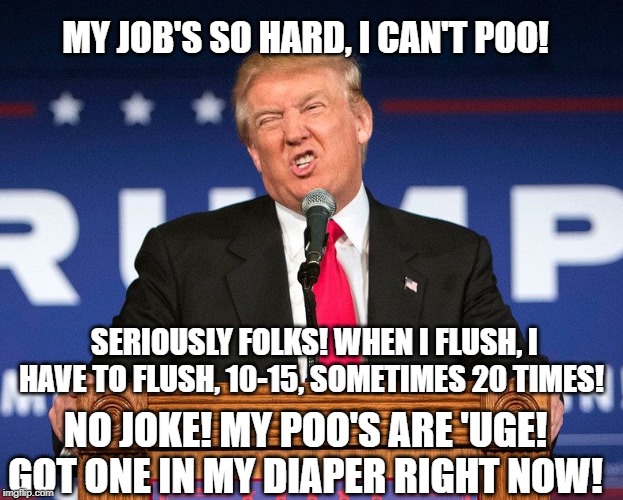 Trump flushing America's Dreams down the toilet | MY JOB'S SO HARD, I CAN'T POO! SERIOUSLY FOLKS! WHEN I FLUSH, I HAVE TO FLUSH, 10-15, SOMETIMES 20 TIMES! NO JOKE! MY POO'S ARE 'UGE! GOT ONE IN MY DIAPER RIGHT NOW! | image tagged in trump flushing america's dreams down the toilet | made w/ Imgflip meme maker