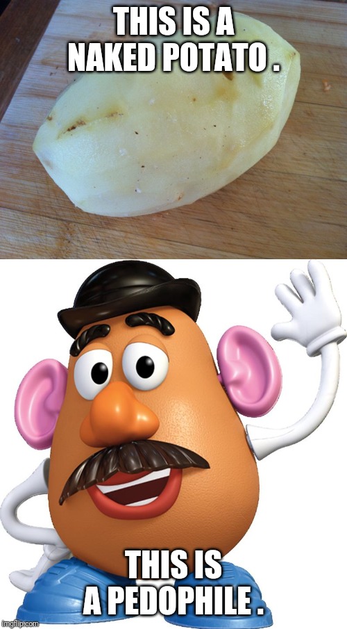 Potato Potentials | THIS IS A NAKED POTATO . THIS IS A PEDOPHILE . | image tagged in funny,potato,skinless,stand-alone,caricature,scandal | made w/ Imgflip meme maker