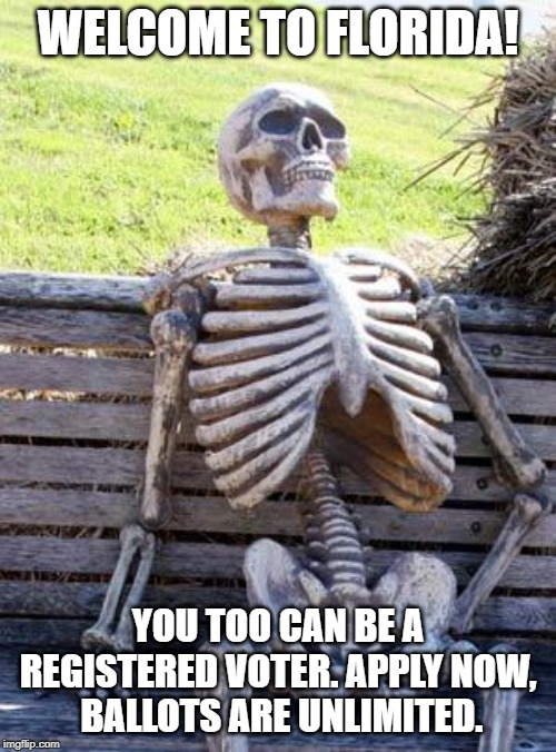 Waiting Skeleton | WELCOME TO FLORIDA! YOU TOO CAN BE A REGISTERED VOTER. APPLY NOW,
 BALLOTS ARE UNLIMITED. | image tagged in memes,waiting skeleton | made w/ Imgflip meme maker