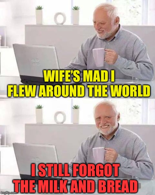 Hide the Pain Harold Meme | WIFE’S MAD I FLEW AROUND THE WORLD I STILL FORGOT THE MILK AND BREAD | image tagged in memes,hide the pain harold | made w/ Imgflip meme maker