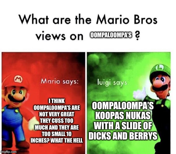 Oompaloompa’s with a nice fupa | OOMPALOOMPA’S; I THINK OOMPALOOMPA’S ARE NOT VERY GREAT THEY CUSS TOO MUCH AND THEY ARE TOO SMALL 10 INCHES? WHAT THE HELL; OOMPALOOMPA’S KOOPAS NUKAS WITH A SLIDE OF DICKS AND BERRYS | image tagged in mario bros views | made w/ Imgflip meme maker