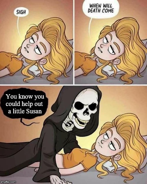 Death will come to us all | You know you could help out 
a little Susan | image tagged in death | made w/ Imgflip meme maker
