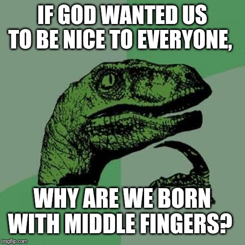 Philosoraptor Meme | IF GOD WANTED US TO BE NICE TO EVERYONE, WHY ARE WE BORN WITH MIDDLE FINGERS? | image tagged in memes,philosoraptor | made w/ Imgflip meme maker