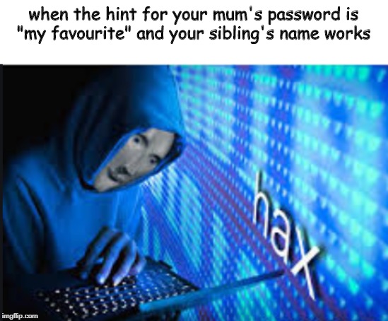 Hax | when the hint for your mum's password is
"my favourite" and your sibling's name works | image tagged in hax | made w/ Imgflip meme maker