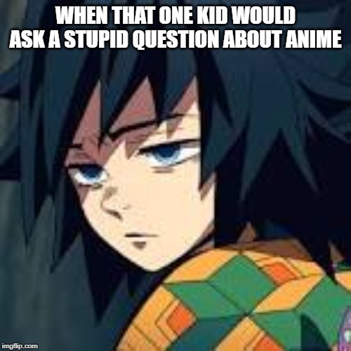 #stupid | WHEN THAT ONE KID WOULD ASK A STUPID QUESTION ABOUT ANIME | image tagged in demon slayer | made w/ Imgflip meme maker