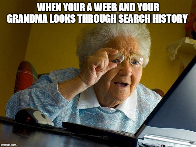Grandma Finds The Internet Meme | WHEN YOUR A WEEB AND YOUR GRANDMA LOOKS THROUGH SEARCH HISTORY | image tagged in memes,grandma finds the internet | made w/ Imgflip meme maker