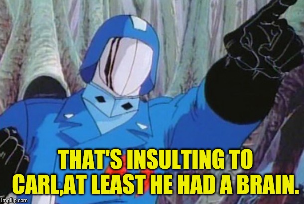 Cobra Commander | THAT'S INSULTING TO CARL,AT LEAST HE HAD A BRAIN. | image tagged in cobra commander | made w/ Imgflip meme maker