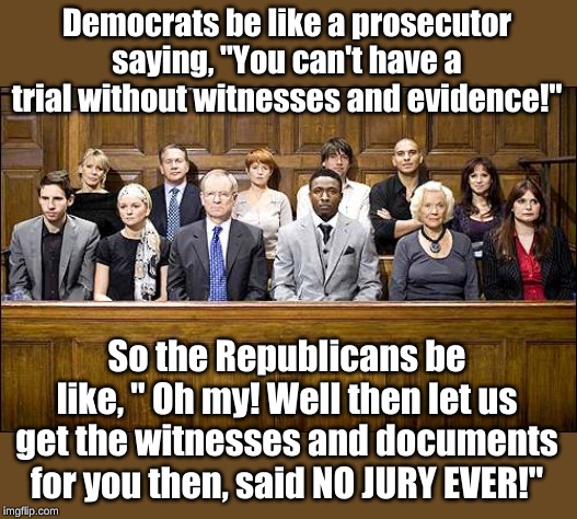 Real trials aren't like TV show trials. Real impeachments aren't like Democrat show impeachments. Get the facts straight. | Democrats be like a prosecutor saying, "You can't have a trial without witnesses and evidence!"; So the Republicans be like, " Oh my! Well then let us get the witnesses and documents for you then, said NO JURY EVER!" | image tagged in jury | made w/ Imgflip meme maker
