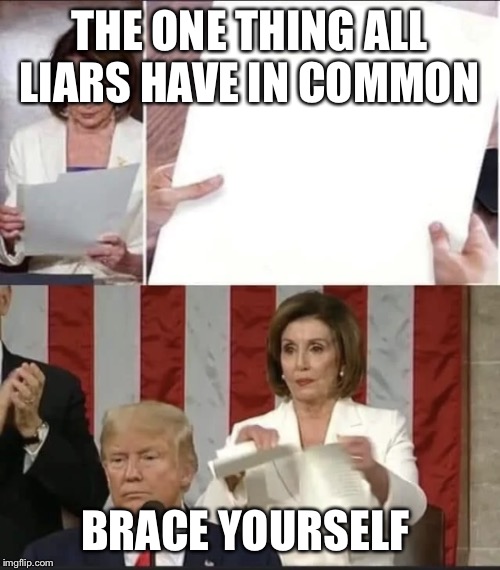 pelosi rip | THE ONE THING ALL LIARS HAVE IN COMMON; BRACE YOURSELF | image tagged in pelosi rip | made w/ Imgflip meme maker