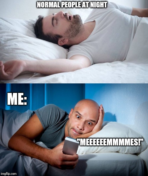 Memes! | NORMAL PEOPLE AT NIGHT; ME:; "MEEEEEEMMMMES!" | image tagged in memes,funny,funny memes,funny meme,no sleep,brimmuthafukinstone | made w/ Imgflip meme maker