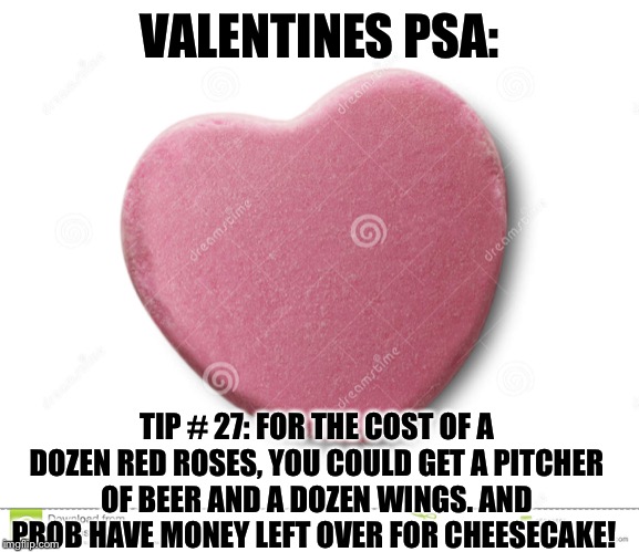 happy Valentines day  | VALENTINES PSA:; TIP # 27: FOR THE COST OF A DOZEN RED ROSES, YOU COULD GET A PITCHER OF BEER AND A DOZEN WINGS. AND PROB HAVE MONEY LEFT OVER FOR CHEESECAKE! | image tagged in happy valentines day | made w/ Imgflip meme maker