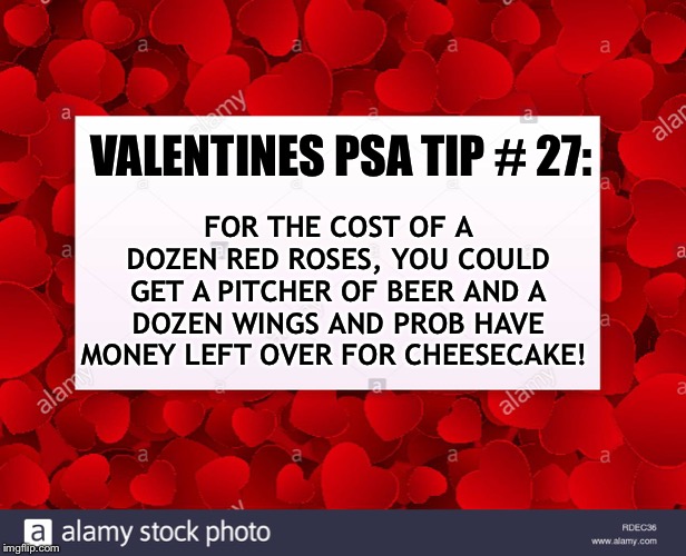 Valentines | FOR THE COST OF A DOZEN RED ROSES, YOU COULD GET A PITCHER OF BEER AND A DOZEN WINGS AND PROB HAVE MONEY LEFT OVER FOR CHEESECAKE! VALENTINES PSA TIP # 27: | image tagged in valentine's day | made w/ Imgflip meme maker