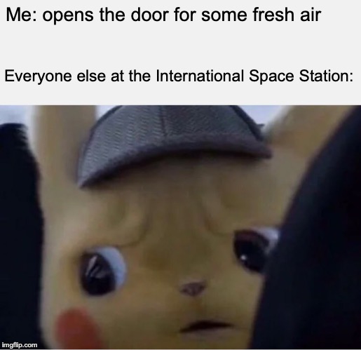 Detective Pikachu | Me: opens the door for some fresh air; Everyone else at the International Space Station: | image tagged in detective pikachu | made w/ Imgflip meme maker
