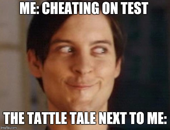 Spiderman Peter Parker Meme | ME: CHEATING ON TEST; THE TATTLE TALE NEXT TO ME: | image tagged in memes,spiderman peter parker | made w/ Imgflip meme maker