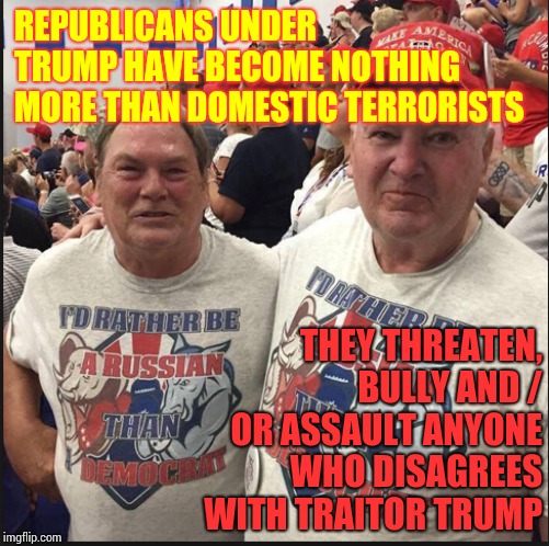Trumpublican Domestic Terrorism | REPUBLICANS UNDER TRUMP HAVE BECOME NOTHING MORE THAN DOMESTIC TERRORISTS; THEY THREATEN, BULLY AND / OR ASSAULT ANYONE WHO DISAGREES WITH TRAITOR TRUMP | image tagged in pro russian republicans,memes,trump unfit unqualified dangerous,liar in chief,domestic violence,laughing terrorist | made w/ Imgflip meme maker