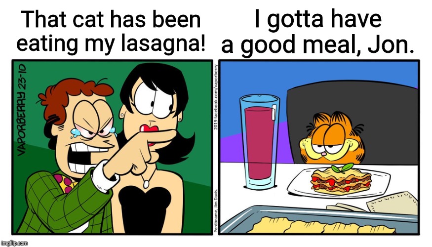 John Yelling At Garfield | That cat has been eating my lasagna! I gotta have a good meal, Jon. | image tagged in john yelling at garfield | made w/ Imgflip meme maker