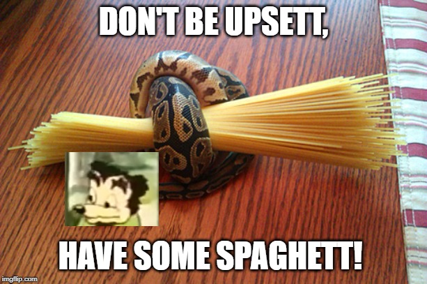 Don't be Upsett | DON'T BE UPSETT, HAVE SOME SPAGHETT! | image tagged in don't be upsetti have some spaghetti | made w/ Imgflip meme maker