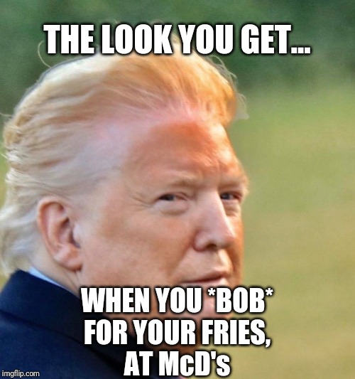 Trump tan | THE LOOK YOU GET... WHEN YOU *BOB*
FOR YOUR FRIES,
AT McD's | image tagged in trump tan | made w/ Imgflip meme maker