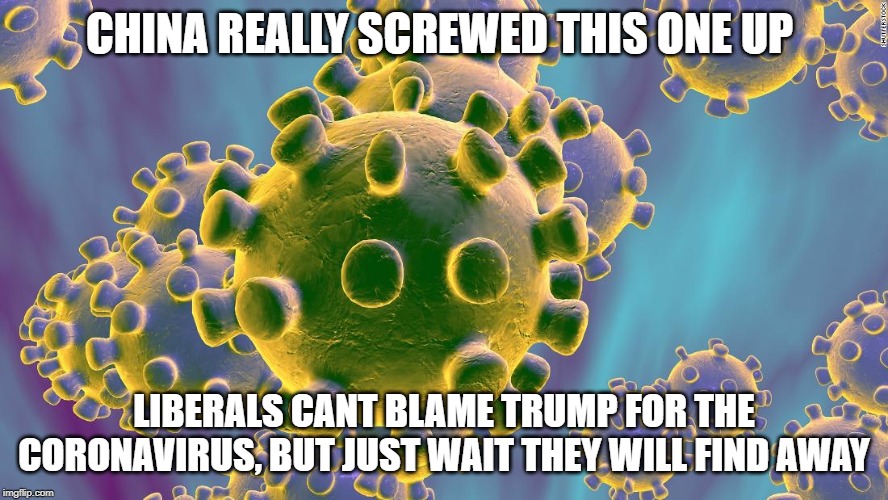 Coronavirus soon to be blamed a prediction | CHINA REALLY SCREWED THIS ONE UP; LIBERALS CANT BLAME TRUMP FOR THE CORONAVIRUS, BUT JUST WAIT THEY WILL FIND AWAY | image tagged in coronavirus | made w/ Imgflip meme maker