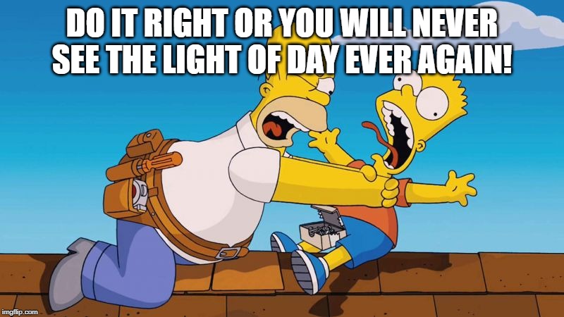 Homer choking Bart | DO IT RIGHT OR YOU WILL NEVER SEE THE LIGHT OF DAY EVER AGAIN! | image tagged in homer choking bart | made w/ Imgflip meme maker