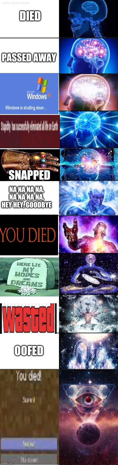 The levels of DED | DIED; PASSED AWAY; SNAPPED; NA NA NA NA, NA NA NA NA, HEY HEY, GOODBYE; OOFED | image tagged in extended expanding brain,minecraft,memes,die,oof,video games | made w/ Imgflip meme maker