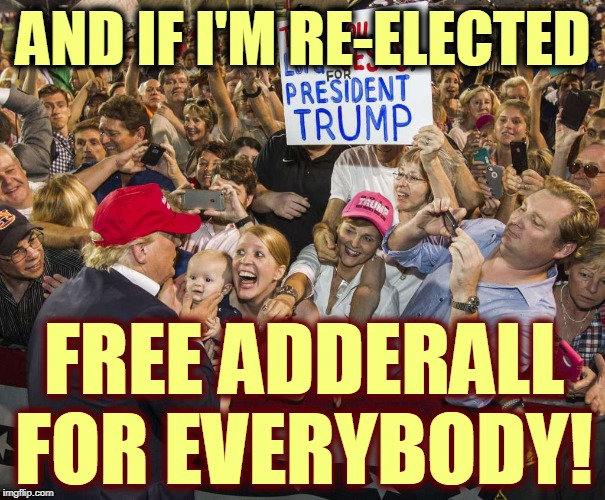 sniff | AND IF I'M RE-ELECTED; FREE ADDERALL FOR EVERYBODY! | image tagged in trump rally,drugs,addiction,trump | made w/ Imgflip meme maker
