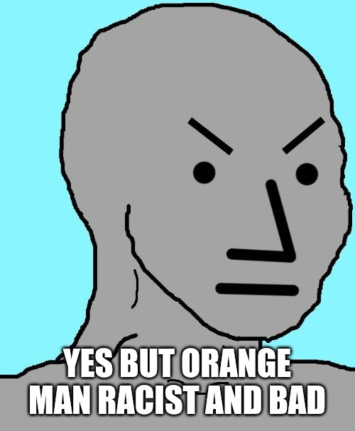 NPC meme angry | YES BUT ORANGE MAN RACIST AND BAD | image tagged in npc meme angry | made w/ Imgflip meme maker