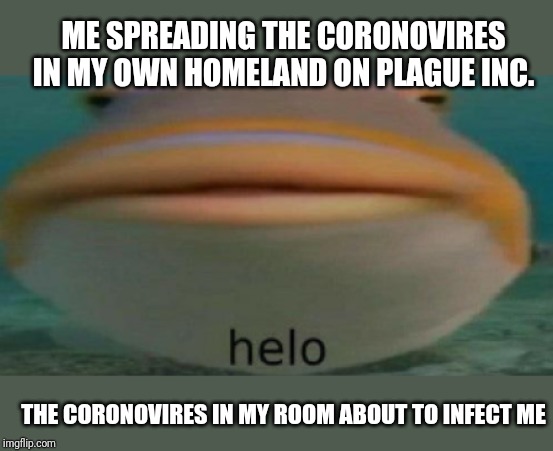 helo | ME SPREADING THE CORONOVIRES IN MY OWN HOMELAND ON PLAGUE INC. THE CORONOVIRES IN MY ROOM ABOUT TO INFECT ME | image tagged in helo | made w/ Imgflip meme maker