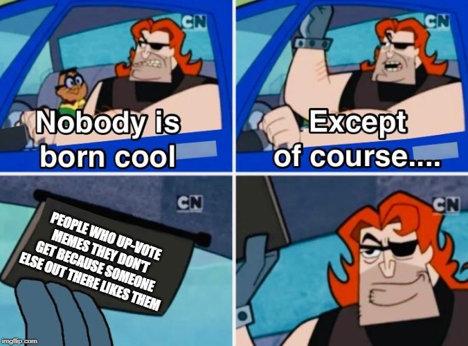 Nobody is born cool | PEOPLE WHO UP-VOTE MEMES THEY DON'T GET BECAUSE SOMEONE ELSE OUT THERE LIKES THEM | image tagged in nobody is born cool | made w/ Imgflip meme maker