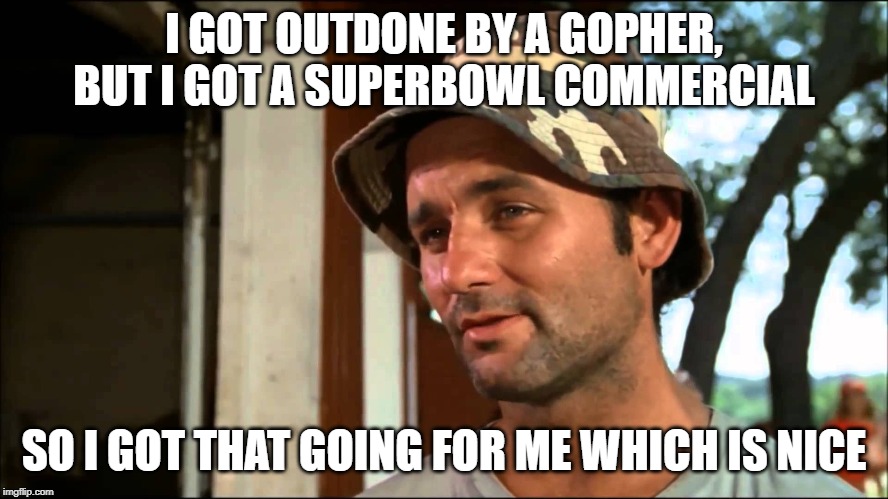 I got that going for me | I GOT OUTDONE BY A GOPHER, BUT I GOT A SUPERBOWL COMMERCIAL SO I GOT THAT GOING FOR ME WHICH IS NICE | image tagged in i got that going for me | made w/ Imgflip meme maker