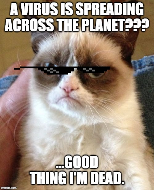 Grumpy Cat Meme | A VIRUS IS SPREADING ACROSS THE PLANET??? ...GOOD THING I'M DEAD. | image tagged in memes,grumpy cat | made w/ Imgflip meme maker