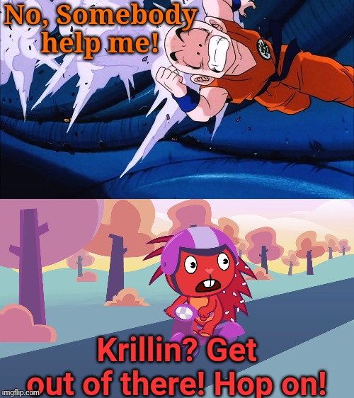 Oh, No! Krillin! (Happy Tree Z Friends) | No, Somebody help me! Krillin? Get out of there! Hop on! | image tagged in krillin running from explosions,happy tree friends,animation,cartoon,krillin,crossover | made w/ Imgflip meme maker