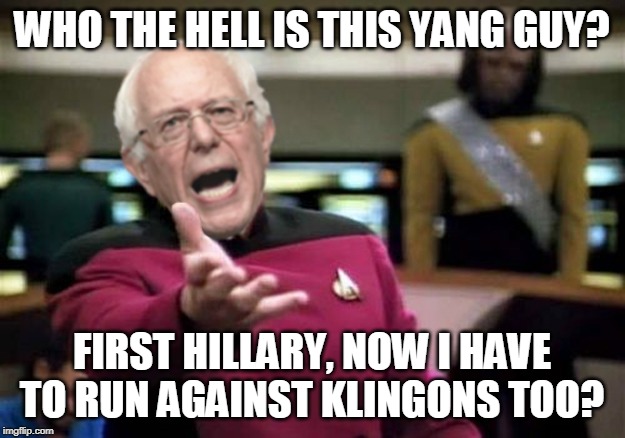 WTF Bernie Sanders | WHO THE HELL IS THIS YANG GUY? FIRST HILLARY, NOW I HAVE TO RUN AGAINST KLINGONS TOO? | image tagged in wtf bernie sanders | made w/ Imgflip meme maker