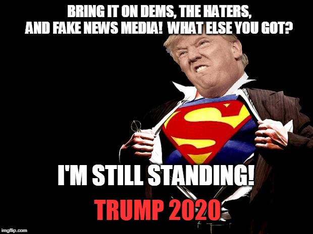 Look up in Nancy's eye,,iiit's SuperTrump!! | BRING IT ON DEMS, THE HATERS, AND FAKE NEWS MEDIA!  WHAT ELSE YOU GOT? I'M STILL STANDING! TRUMP 2020 | image tagged in trump 2020 | made w/ Imgflip meme maker